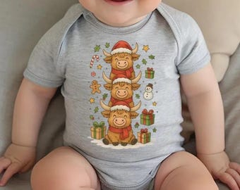 Cute Highland Cow Christmas Baby Bodysuit, Festive Holiday Farm Animal Toddler Sweatshirt, Adorable Xmas Gift for Toddler