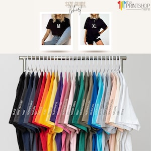 The image is a collage of two photos featuring a variety of colorful t-shirts hanging on a clothing rack.