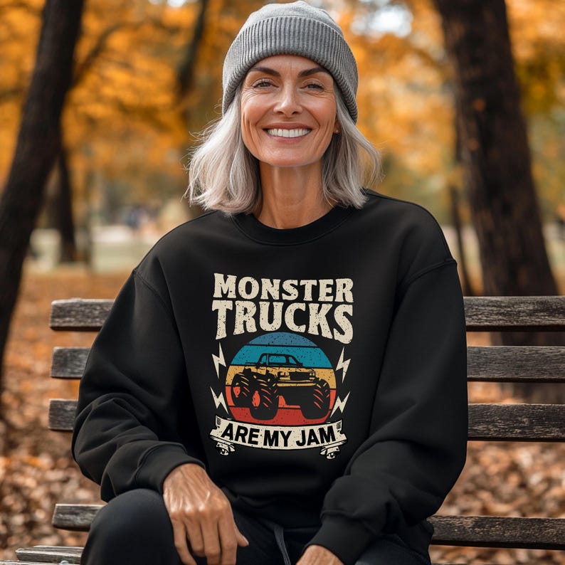 Monster Truck Are My Jam Sweatshirt, Retro Pun Hoodie for Monster Truck Lover, Quirky Wordplay Longsleeve, Nostalgic Gift image 7