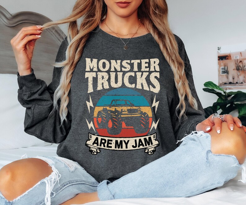 Monster Truck Are My Jam Sweatshirt, Retro Pun Hoodie for Monster Truck Lover, Quirky Wordplay Longsleeve, Nostalgic Gift image 6