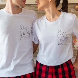 Custom Family Portrait from Photo Tee, Personalized Gift, Custom Couple Photo Drawing Pocket Shirt, Customizable Portrait Drawing Sweatshirt image 7