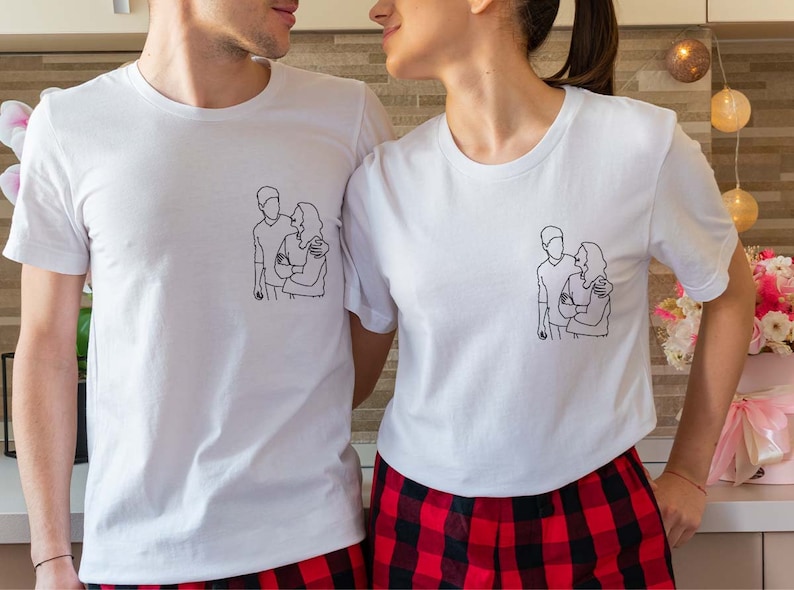 Custom Family Portrait from Photo Tee, Personalized Gift, Custom Couple Photo Drawing Pocket Shirt, Customizable Portrait Drawing Sweatshirt image 7