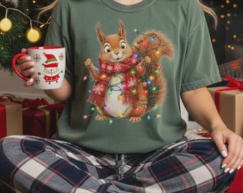 Funny Christmas Squirrel with Lights Shirt, Funny Holiday Animal Graphic Tee, Cute Festive Winter Sweatshirt, Festive Xmas Gift