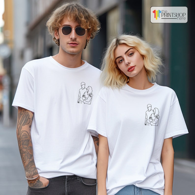 Portrait de famille personnalisé à partir d'un t-shirt photo, cadeau personnalisé, chemise de poche dessin photo de couple personnalisée, sweat-shirt dessin portrait personnalisable image 2