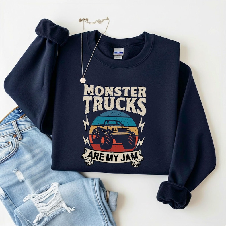 Monster Truck Are My Jam Sweatshirt, Retro Pun Hoodie for Monster Truck Lover, Quirky Wordplay Longsleeve, Nostalgic Gift image 1