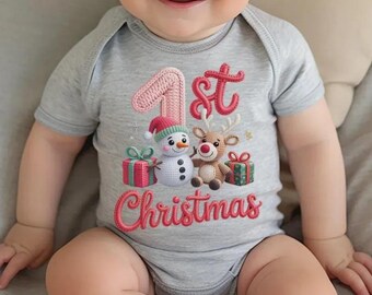 My 1st Christmas Baby Bodysuit, Knitted Style Snowman Reindeer Toddler Tee, First Christmas Baby Outfit, Newborn Holiday Gift