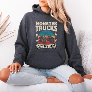 Monster Truck Are My Jam Sweatshirt, Retro Pun Hoodie for Monster Truck Lover, Quirky Wordplay Longsleeve, Nostalgic Gift image 4
