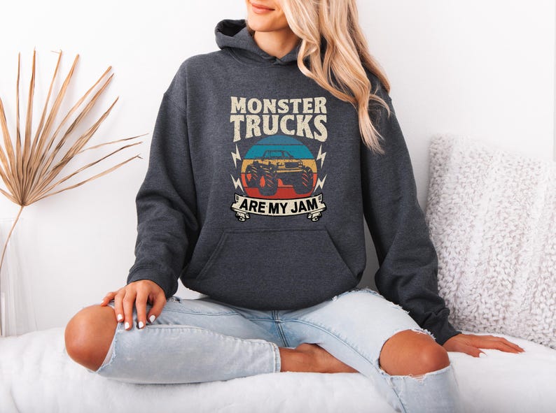 Monster Truck Are My Jam Sweatshirt, Retro Pun Hoodie for Monster Truck Lover, Quirky Wordplay Longsleeve, Nostalgic Gift image 4