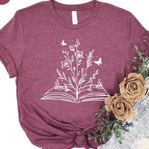 Aesthetic Flowers Tshirts, Reading Book Tshirt, Minimalist Wild Flower Shirt, Floral Book Shirts, Gifts for Bookworm, Librarian Shirt Gifts