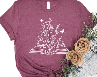 T-shirts fleurs esthétiques, T-shirt livre de lecture, Chemise fleurs sauvages minimaliste, Chemises livres fleuries, Cadeaux pour rat de bibliothèque, Cadeaux chemise de bibliothécaire