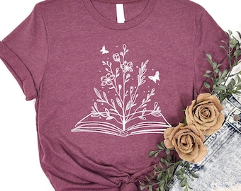 Aesthetic Flowers Tshirts, Reading Book Tshirt, Minimalist Wild Flower Shirt, Floral Book Shirts, Gifts for Bookworm, Librarian Shirt Gifts