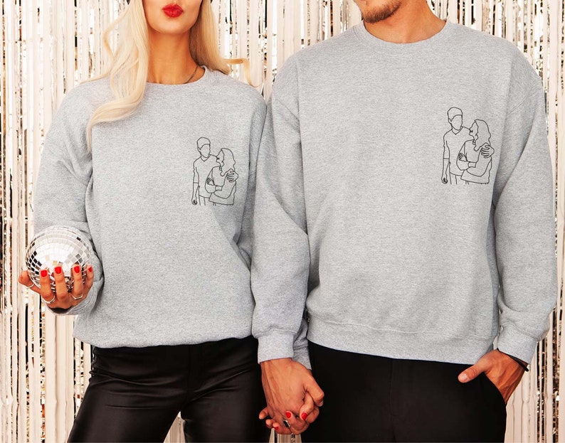 Custom Family Portrait from Photo Tee, Personalized Gift, Custom Couple Photo Drawing Pocket Shirt, Customizable Portrait Drawing Sweatshirt image 8