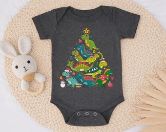 Christmas Dinosaur Tree Baby Bodysuit, Festive Holiday Dino Kids Shirt, Festive Xmas Funny Prehistoric Toddler Tee