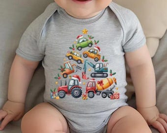 Christmas Construction Truck Baby Bodysuit, Festive Vehicle Xmas Kids Shirt, Funny Baby's First Christmas Gift, Cute Vehicle Tee