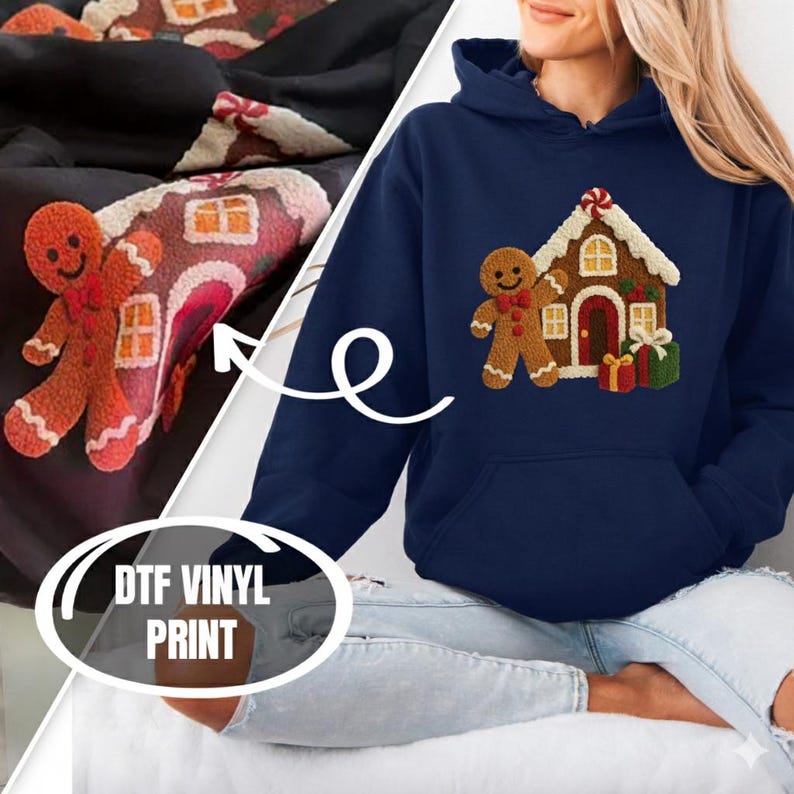 A woman wearing a navy blue hoodie with a gingerbread house design printed on it.