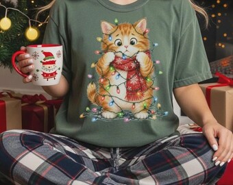 Christmas Cat Shirt, Festive Holiday Lights Kitten Graphic Tee, Funny Xmas Kitty Gift, Cute Cat Lover Winter Sweatshirt
