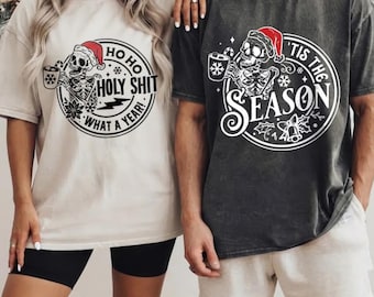 Comfort Colors® Funny Christmas Skeleton Shirt, Holiday Tee, Humorous Skull Santa Hat Top, Dark Humor Christmas Gift, Winter Holiday Shirt