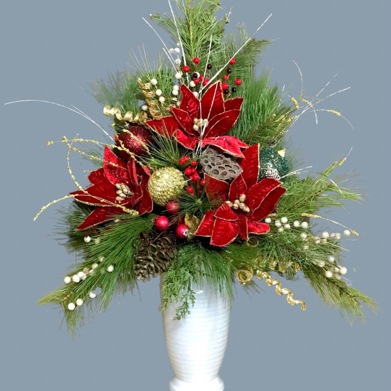 Wild Variegated Holly Berry Branches in Farmhouse Style Jug Vase Christmas  Holiday Water Illusion Arrangement