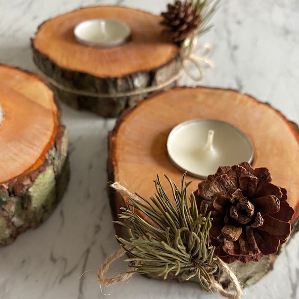 Natural Wood Slice Log Candle Holders With Scented Candle Tealight