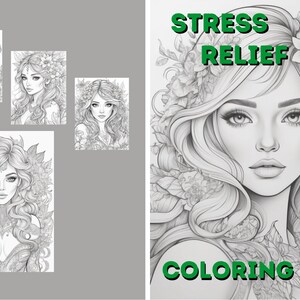 40-Page Stress Relief Coloring Book for Adults | Printable Floral Women Portraits | Intricate Relaxation Art Therapy