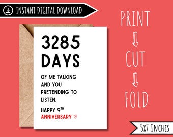 9th Anniversary Gift for her | 9th Wedding Anniversary Gift |  9th Anniversary Gift for him | Funny Printable Anniversary Card