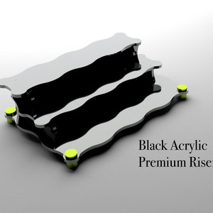 High gloss black acrylic precision laser cut stand. Tool-less easy eassembly design lets you assemble the stand in minutes. All parts are cut out of 1/4" thick acrylic which makes the stand very durable and sturdy for displaying weighted items.