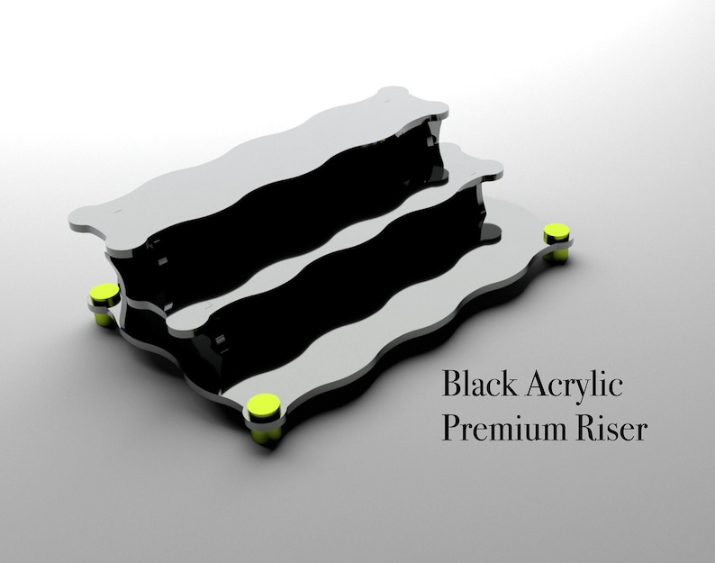 High gloss black acrylic precision laser cut stand. Tool-less easy eassembly design lets you assemble the stand in minutes. All parts are cut out of 1/4" thick acrylic which makes the stand very durable and sturdy for displaying weighted items.