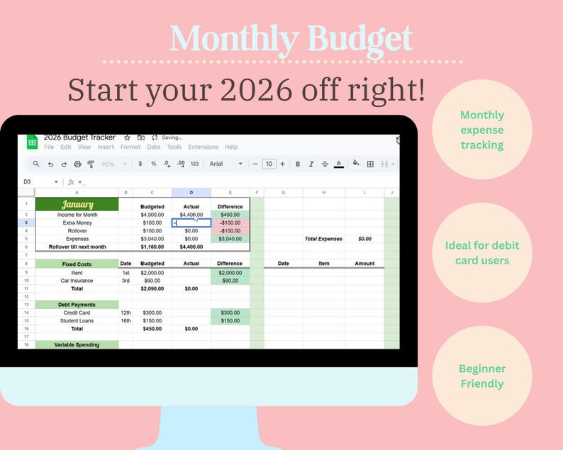 2026 Simple Beginner Digital Budget Planner| Google Sheets Editable