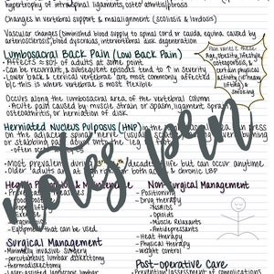 May include: Handwritten notes on a white sheet of paper with the title "Back Pain" and a diagram of the spine. The notes discuss contributing factors, types of back pain, and treatment options. The text includes terms like "spinal stenosis", "scoliosis", "lordosis", "lumbosacral back pain", "herniated nucleus pulposus", "non-surgical management", "surgical management", and "post-operative care".