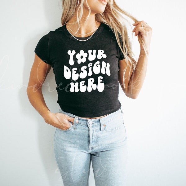 Bella Canvas Baby Tee Mockup| Black Bella Canvas 1010 Mockup| Baby Tee Mockup| Crop Top Mockup| Black Cropped Tee Mockup