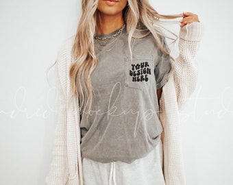 6030 Grey Comfort Colors Pocket T-Shirt Mockup| White Comfort Colors T-shirt Mockup