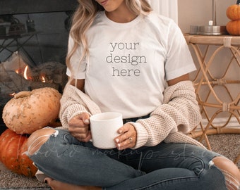 Bella Canvas 3001 Mockup| White T-shirt Mockup| Model Fall Shirt Mockup| Cute Shirt Mockups| Halloween Mockup