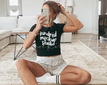 Bella Canvas Baby Tee Mockup| Black Bella Canvas 1010 Mockup| Baby Tee Mockup| Crop Top Mockup| Black Cropped Tee Mockup