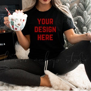 Bella Canvas 3001 Black Shirt Mockup| Christmas Mockups| Holiday Mockup| Christmas Black Shirt Mockup