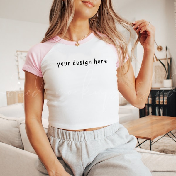 Bella Canvas Baby Tee Mockup| White and Pink Bella Canvas 1201 Mockup| Raglan Baby Tee Mockup| Crop Top Mockup