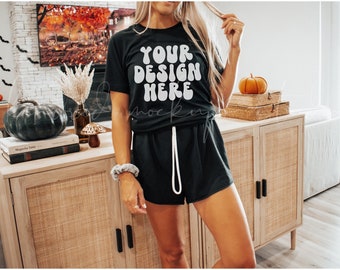 Bella Canvas Black 3001 Mockup| Czarny T-shirt Mockup| Makieta Fall Short| Makieta Halloween Shirt