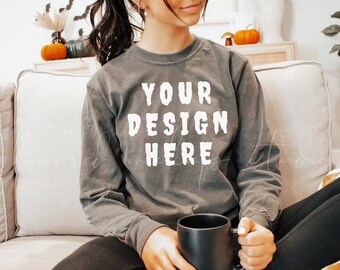 6014 Pepper Comfort Colors Mockup| Comfort Colors Long Sleeve T-Shirt Mockup| Halloween Mockup