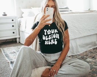 Bella Canvas Baby Tee Mockup| Black Bella Canvas 1010 Mockup| Baby Tee Mockup| Crop Top Mockup| Black Cropped Tee Mockup