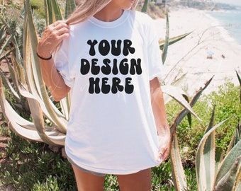 White Comfort Colors 1717 Camiseta Mockup/ Oversized Mockup/ Beach Mockup