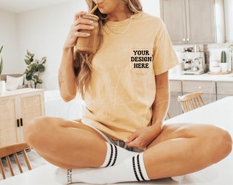 Butter Comfort Colors 6030 Pocket T-Shirt Mockup| 6030 Mockups