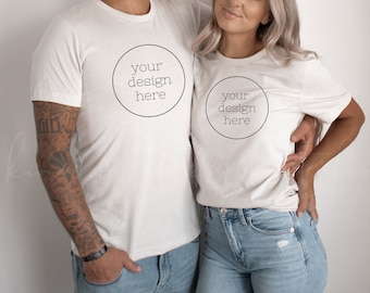Maquettes de modèles de couple | Maquette de couple Bella Canvas 3001 | Maquette de t-shirt blanc | Maquettes de chemises pour hommes et femmes | Modèle Maquette Chemise
