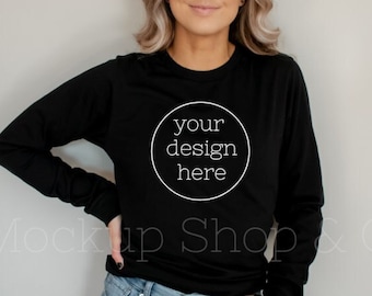 3501 Black Long Sleeve T-shirt Mockup| T-Shirt Mockups| Bella Canvas Mockup| Shirt Mockups| Model Mockup Shirt