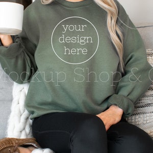 18000 Sweater Mockup| Gildan Military Green 18000 Mockup| Sweater Mockup| Boho Mockup| Flat Lay Mockups