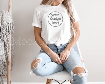 Boho Shirt Mockup| Bella Canvas 3001 Mockup| White T-shirt Mockup| Cute Shirt Mockups| Model Mockup