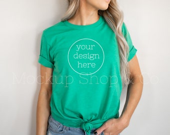 Bella Canvas 3001 Heather Kelly Mockup| St Patricks Day T-Shirt Mockup| Green Shirt Mockup| St Pattys Day Mockups| Model Mockups