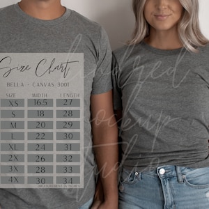 Bella Canvas 3001 Size Chart| Bella and Canvas 3001 Size Chart| Size Chart for Bella and Canvas 3001| Size Chart Mockup