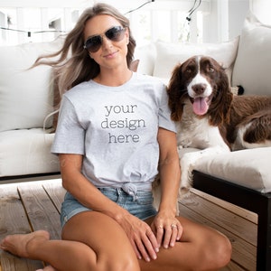 Bella Canvas 3001 Athletic Heather Mockup| Grey T-shirt Mockup| Summer Shirt Mockup| Mockups with dogs| Model mockups