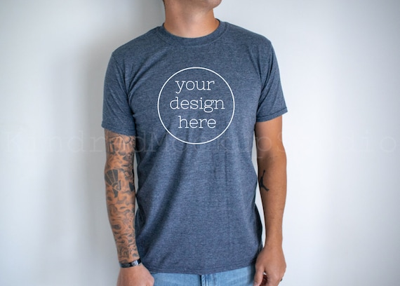 Gildan 64000 Heather Navy Mockup Male T 