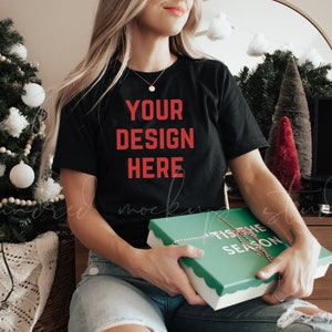 Bella Canvas 3001 Black Shirt Mockup| Christmas Mockups| Holiday Mockup| Christmas Black Shirt Mockup