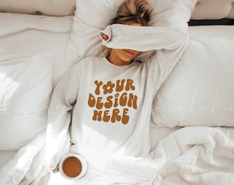 Ash Gildan 18000 Sweatshirt Mockup| Ash G180 Mockup| Light Grey Sweatshirt Mockup| Cozy Mockup| POD Mockup| Print On Demand Mockup